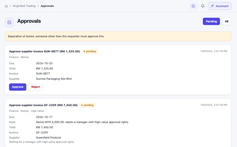 Pulse Approvals screen for Farah: a warning that someone other than the requester must approve supplier invoice SUN-0877, and supplier invoice GF-2209 for RM 7,450.00 waiting for a manager with high-value approval rights