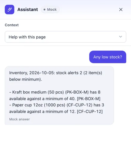 Pulse assistant answering 'Any low stock?': kraft box medium has 8 available against a minimum of 40 [PK-BOX-M], paper cup 12oz has 3 against a minimum of 12 [CF-CUP-12]
