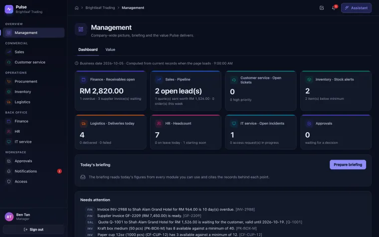 The Pulse management dashboard in dark mode
