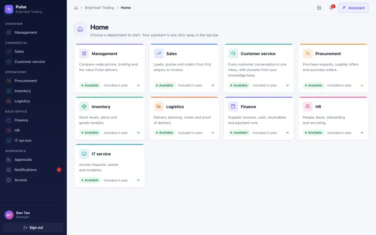 Pulse home screen with a card for each of the nine departments