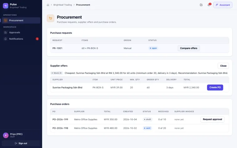 Procurement screen comparing supplier offers with a recommendation, purchase requests and purchase orders waiting for approval